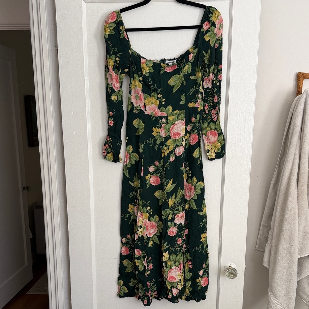 Reformation Green Floral Midi Dress with Side Slit